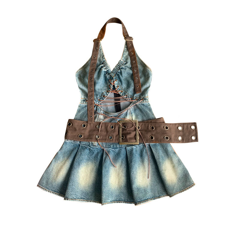 Denim Hollow-Out Tie-Strap Short Pleats Dress NA7749