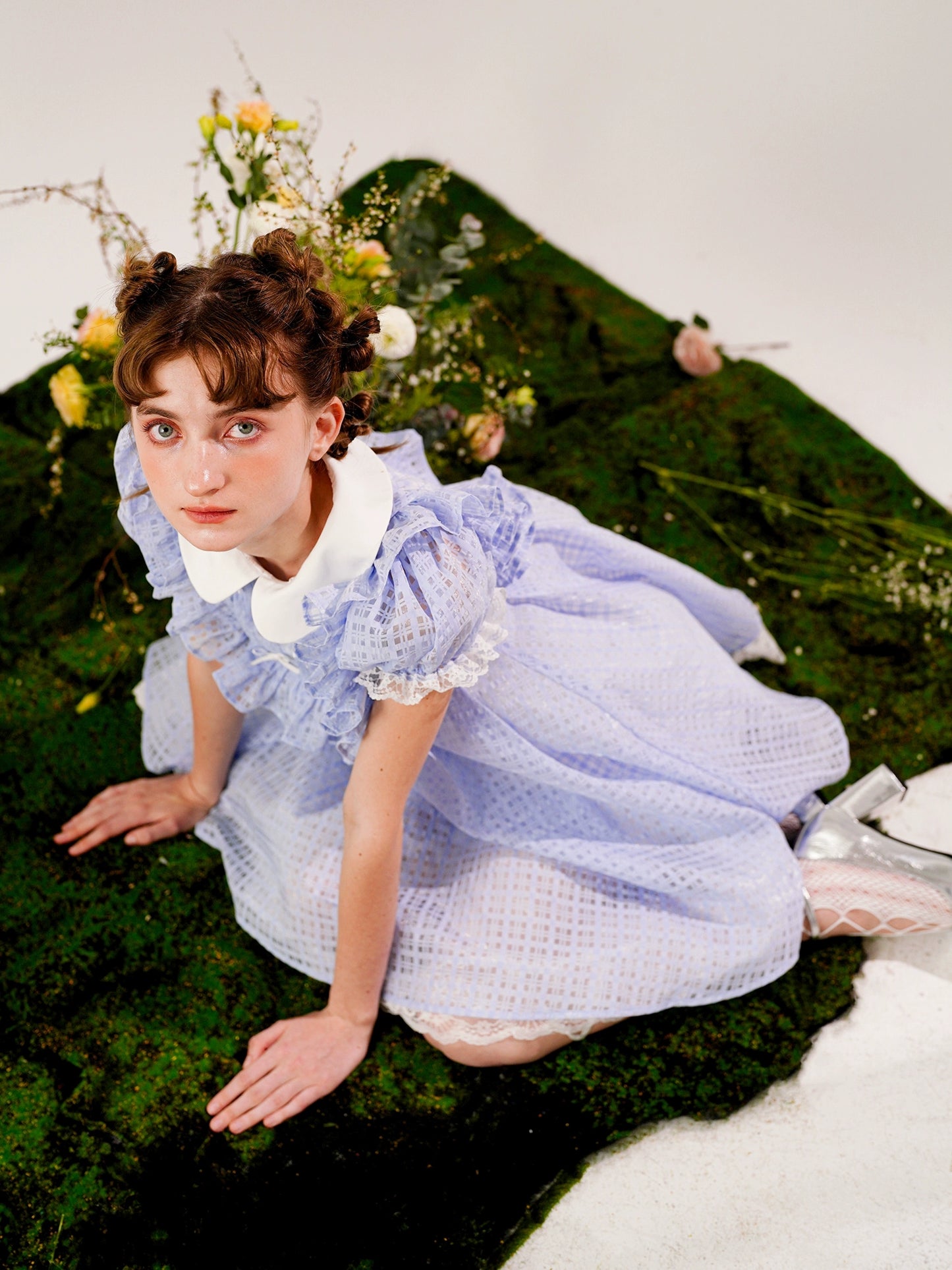 Plaid Lace-Trim Puff-Sleeve A-Line Dress NA7354