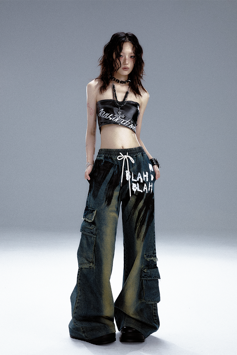 Washed Graffiti Wide-Leg Straight Dnim Jeans NA8151