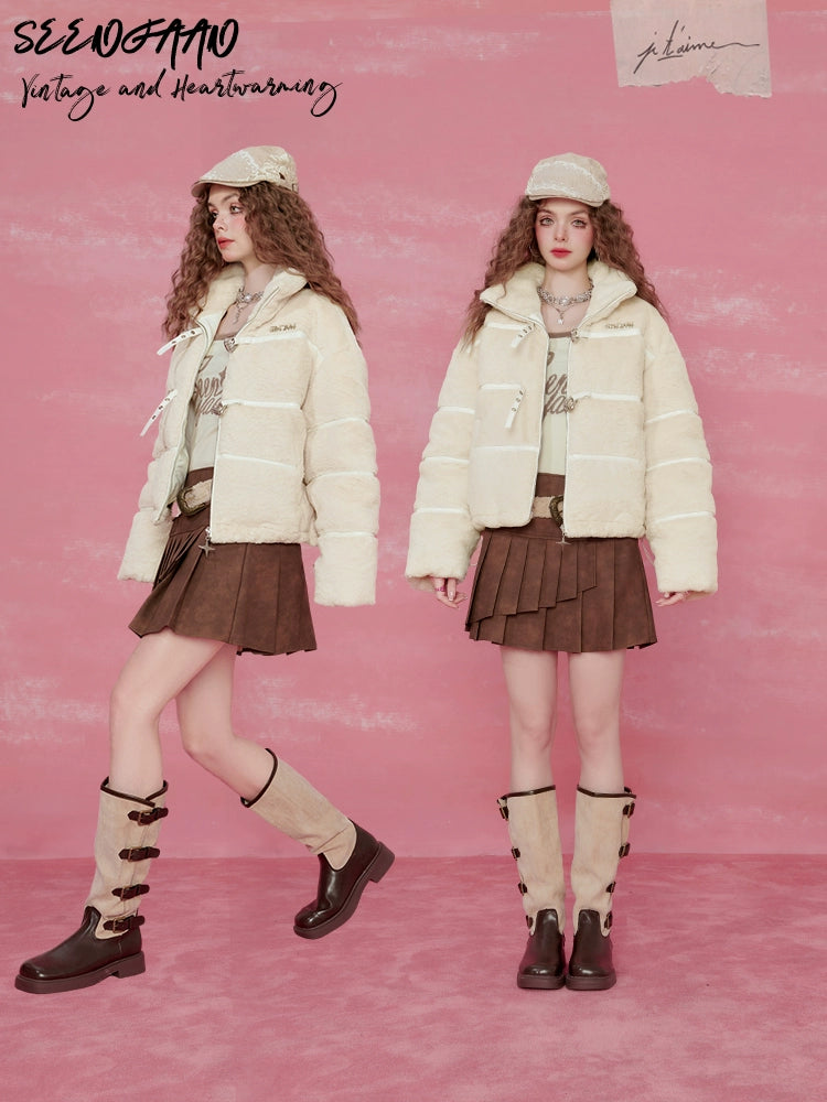 High-Neck Drawstring Toggle White Duck Down Jacket NA6826