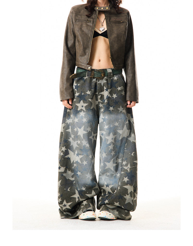 Star Print Damage Wide Leg Denim Jeans NA9313