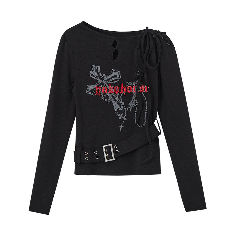 Cross Print Strap Buckle Cutout Long Sleeve T-Shirt NA9220