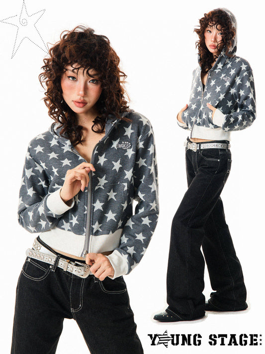 Star Print Cropped Zip-Up Hoodie NA9405