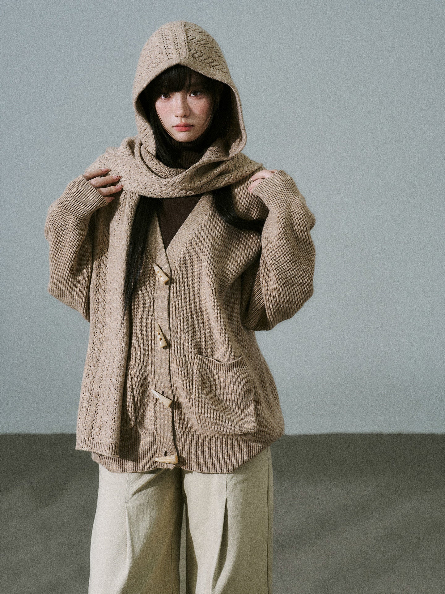 Hooded Horn Button Fleece Lining Knit Cardigan NA8782