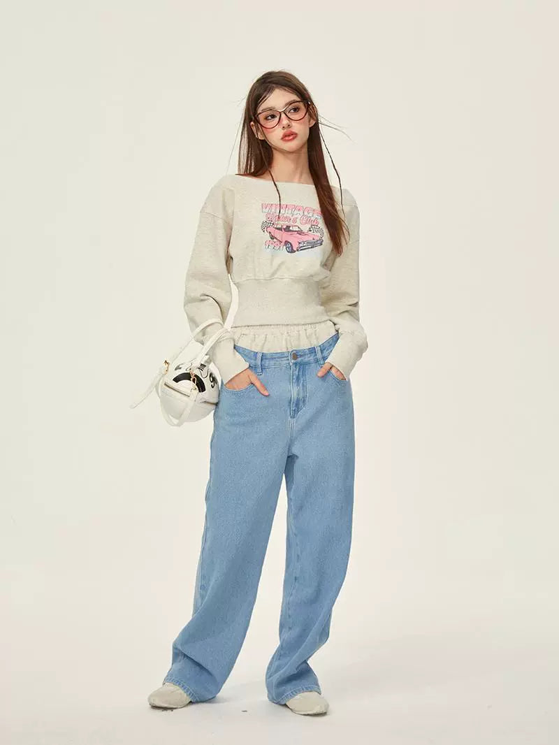 Car Print Waist-Cinched Sweatshirt NA7254