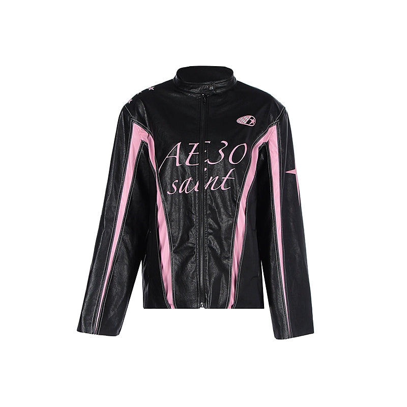 Patchwork Tie PU Leather Sporty Jacket NA7311