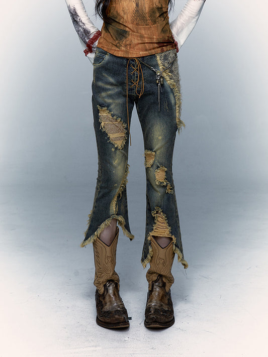 Damage Asymmetric Flare Denim Jeans NA8990