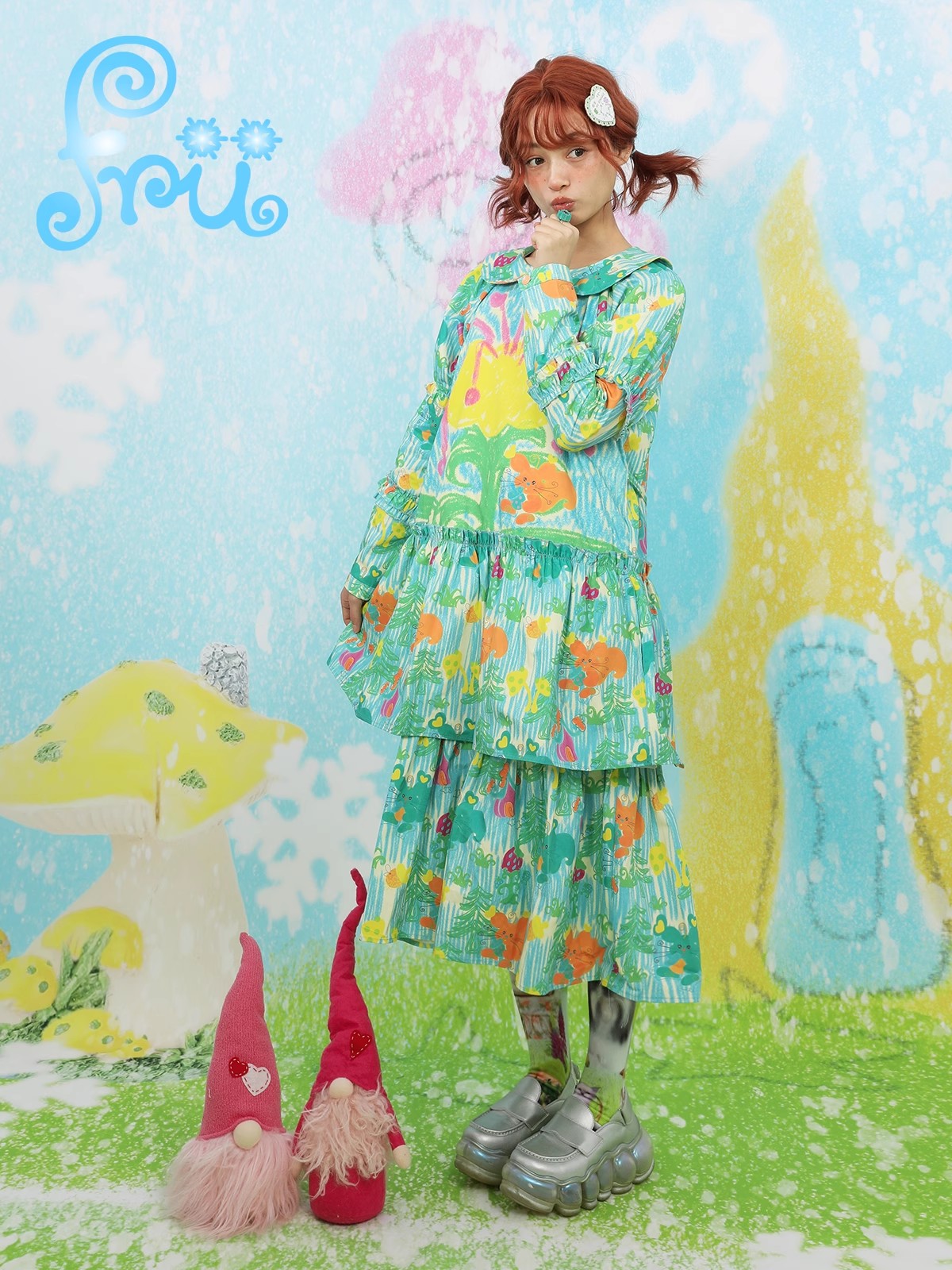 Graffiti Print Round Collar Tiered Dress NA6587