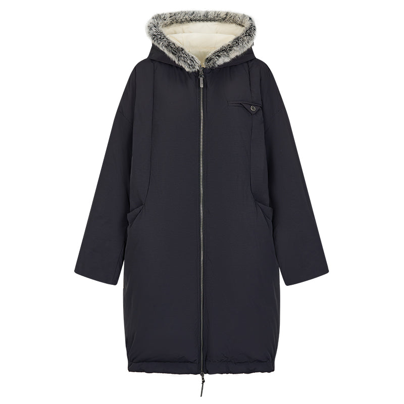 Reversible Fake Fur Hooded Puffer White Duck Down Jacket NA7869