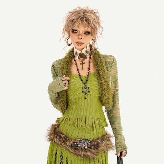 Fake Fur Patchwork Mesh Knit Cardigan & Tube Top & Mesh Long Skirt Setup NA8610