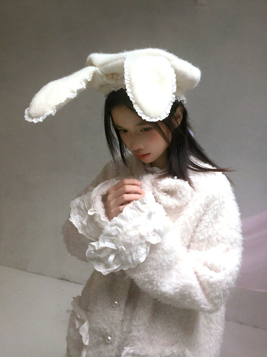 Plush Bow Ruffle Long Coat NA8279