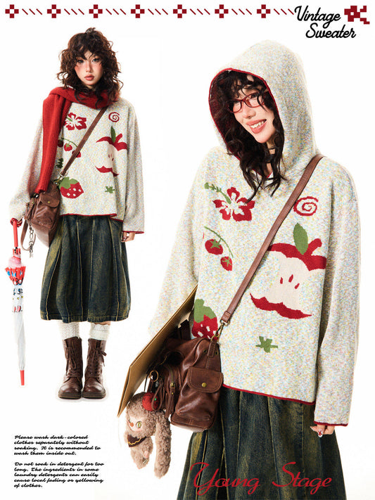 Fruit Pattern Knit Oversize Hoodie NA9351