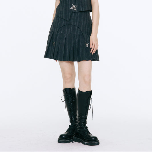 Bow Detail Pinstripe Cropped Shirt & Pleated Skirt Setup NA8838