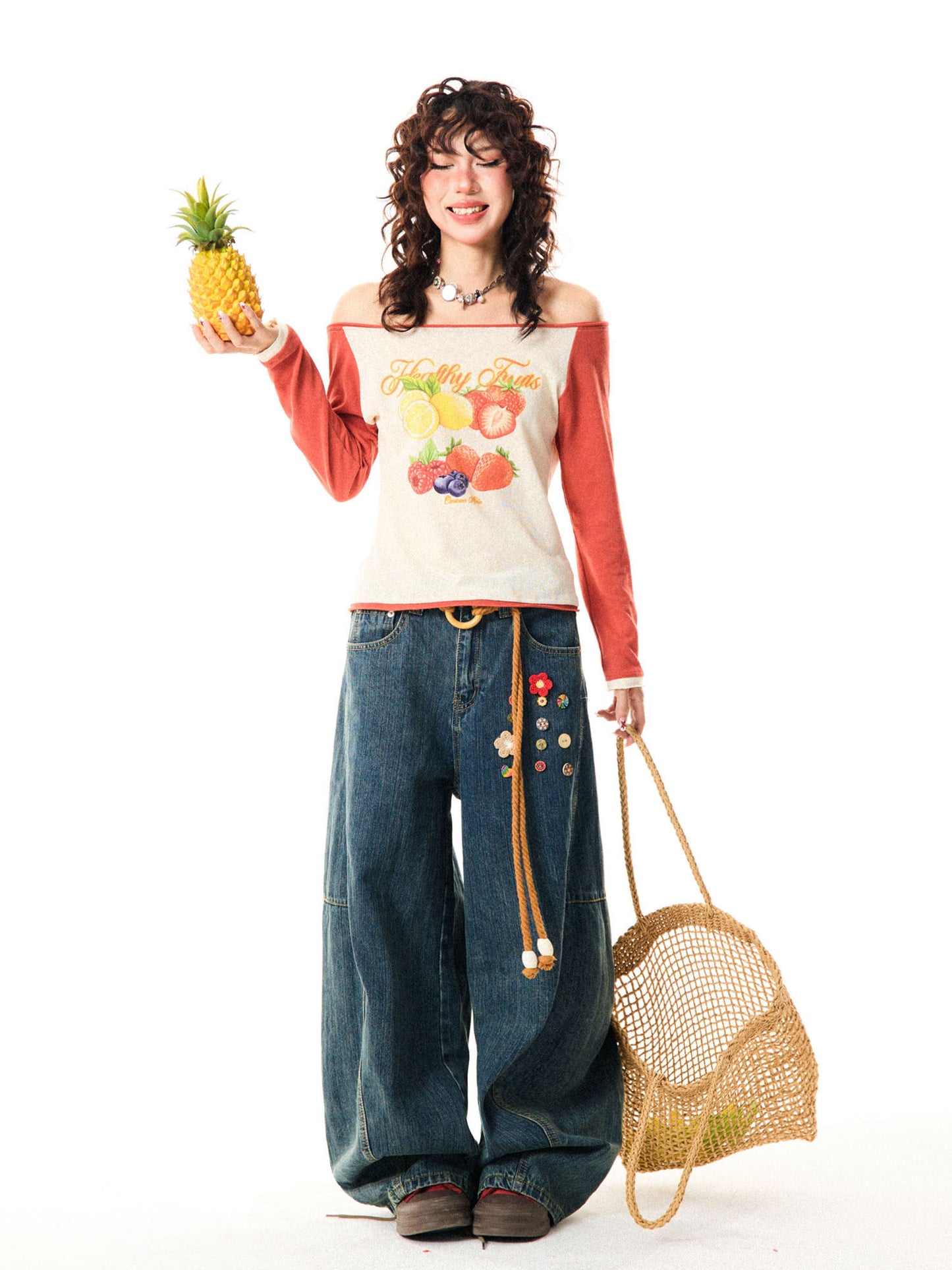 Fruit Graphic Print Off-Shoulder Fitted Long Sleeve T-Shirt NA9382