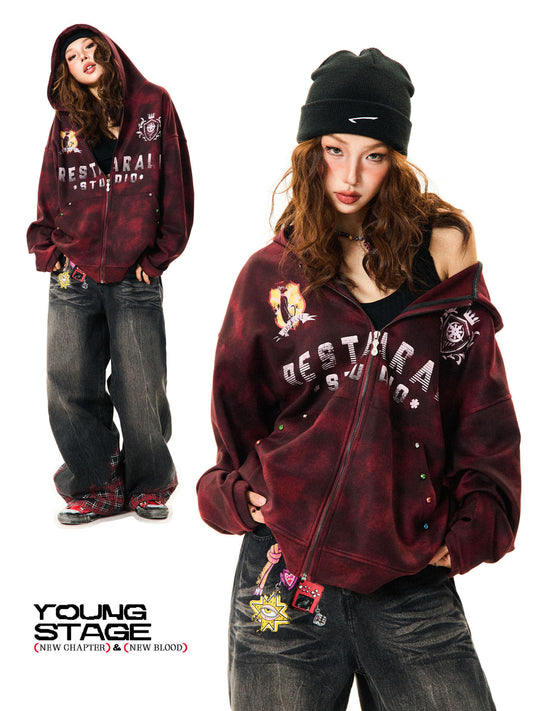 Tie-Dye Letter Print Oversize Zipper Hoodie NA9388