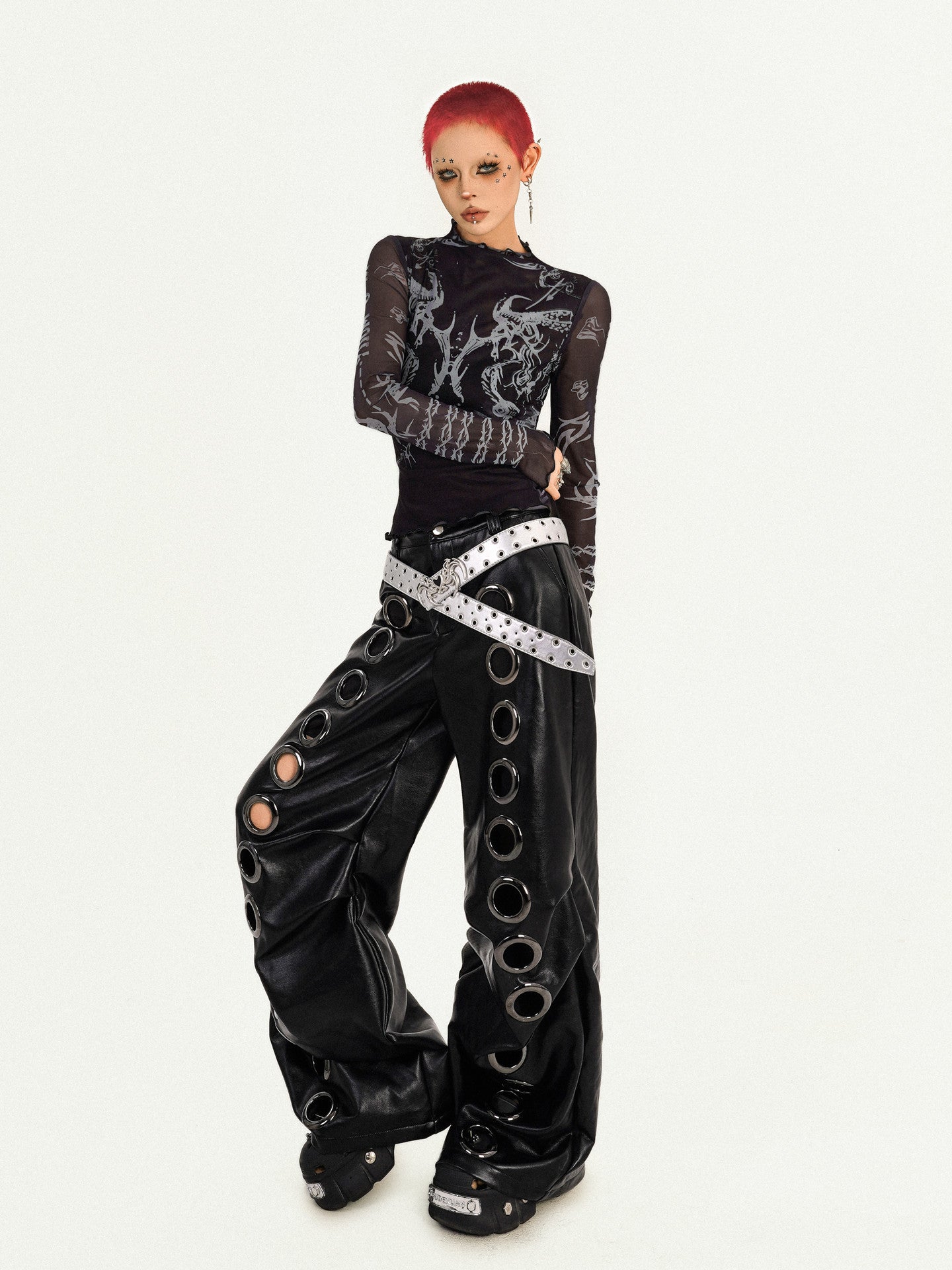 PU Leather Metal Eyelet Straight Pants NA8577