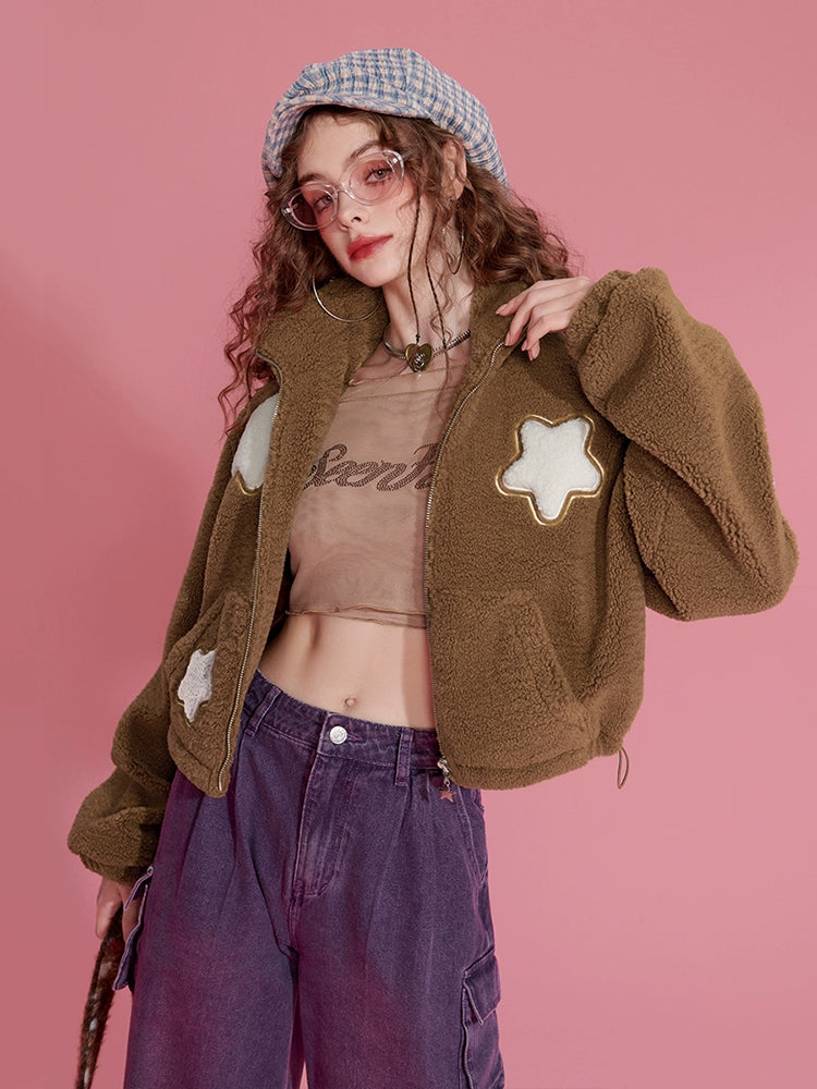 Fake Shearling High-Neck Star-Embroidery Jacket NA6785