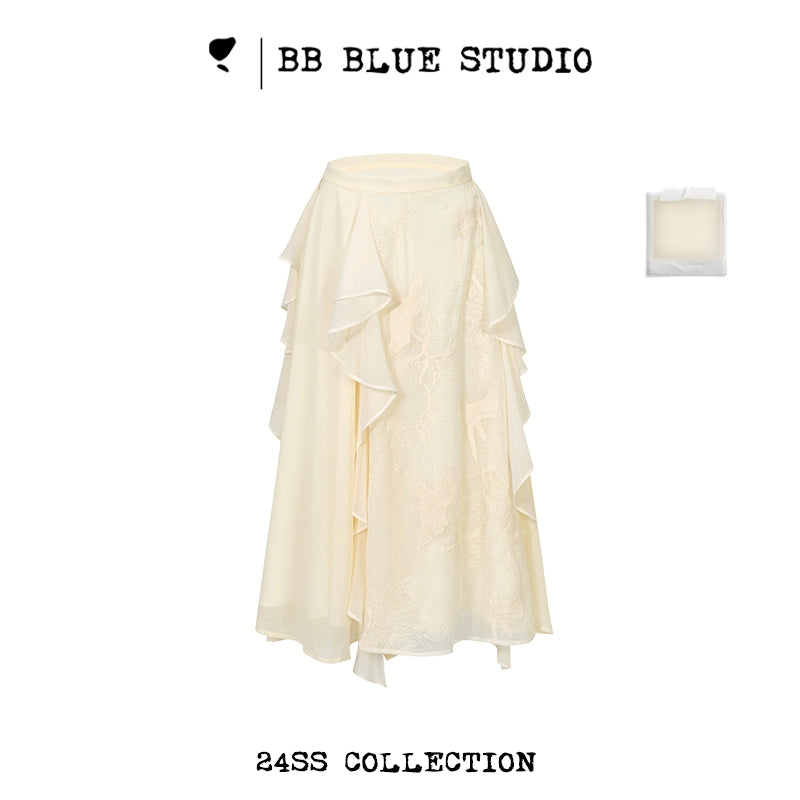 Embroidery Ruffle Qipao Top & Ruffle Hem Skirt Setup NA7443