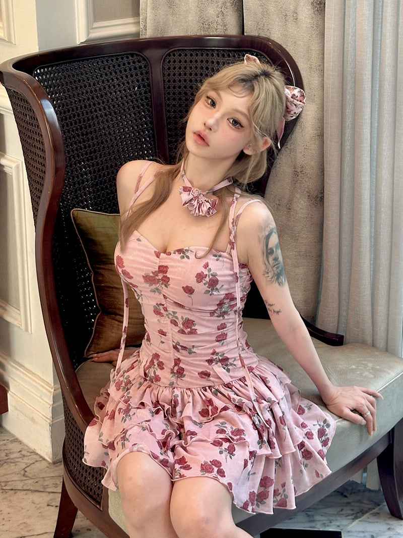 Rose Mesh Ruffle Tiered Camisole Dress NA7214