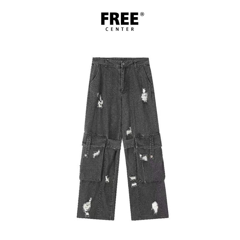 Damage Design Wide Leg Straight Denim Jeans NA8874