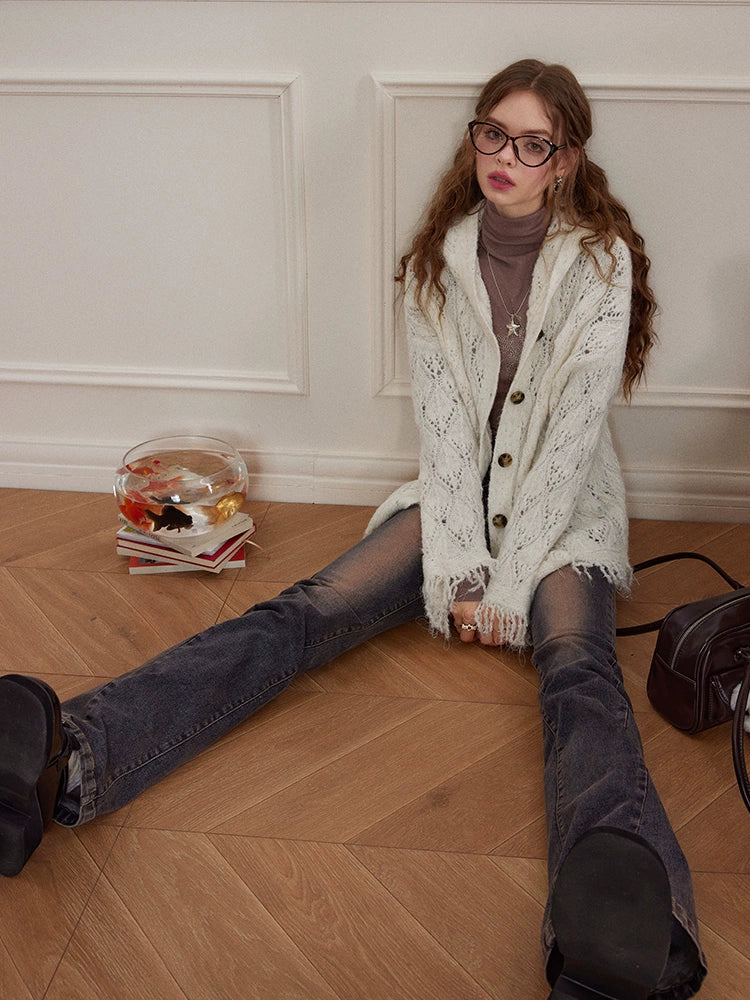 Fringe Hem Twist Texture Knit Long Sleeve Cardigan NA6858