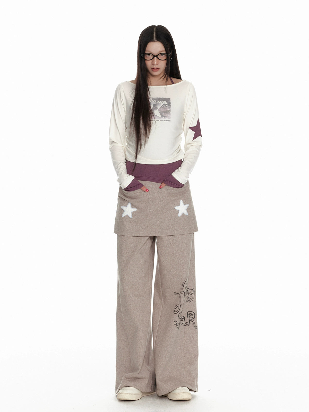 Fake Layered Star Print Knit Wide-Leg Pants NA7121