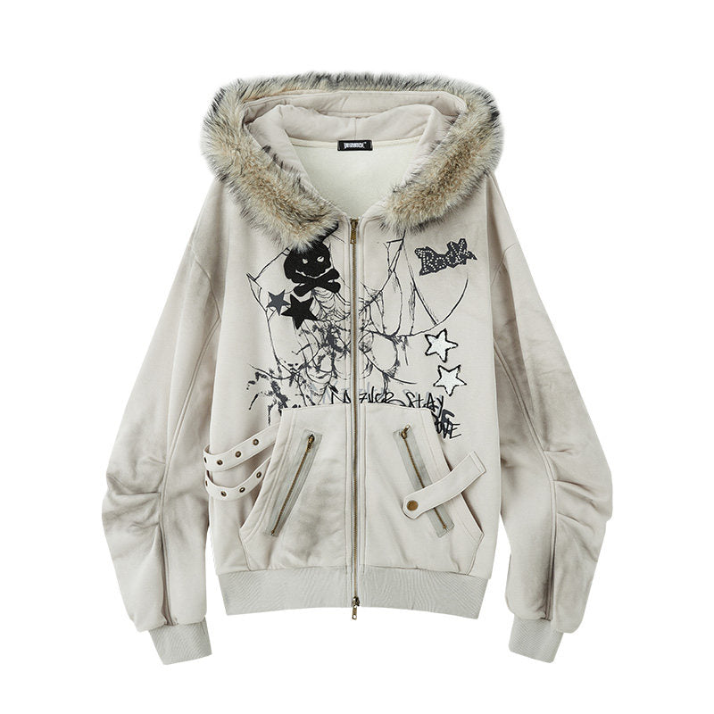 Graphic Fake Fur Hood Bunny Ear Zipper Hoodie Jacket NA8923