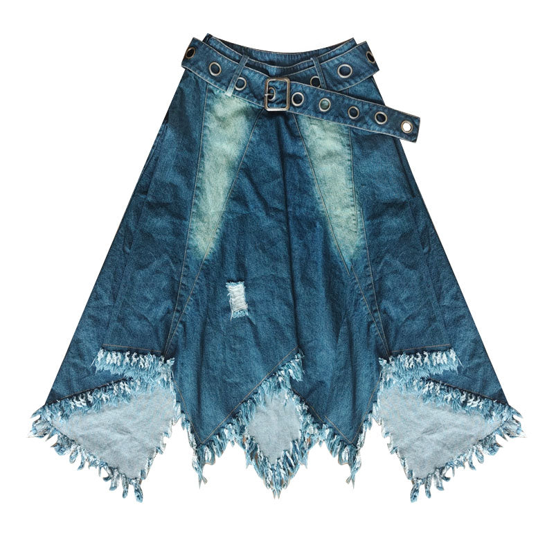 Fringe Raw Edge Heavy Denim Skirt NA7731