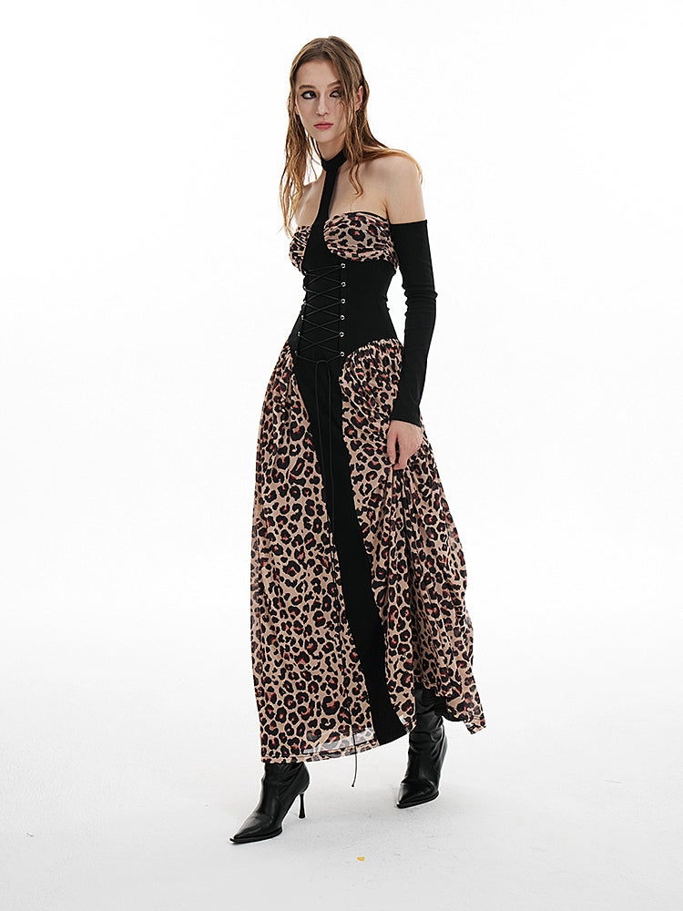 Leopard Print Patchwork Halter Cut-Out Cinched Long Dress NA7290