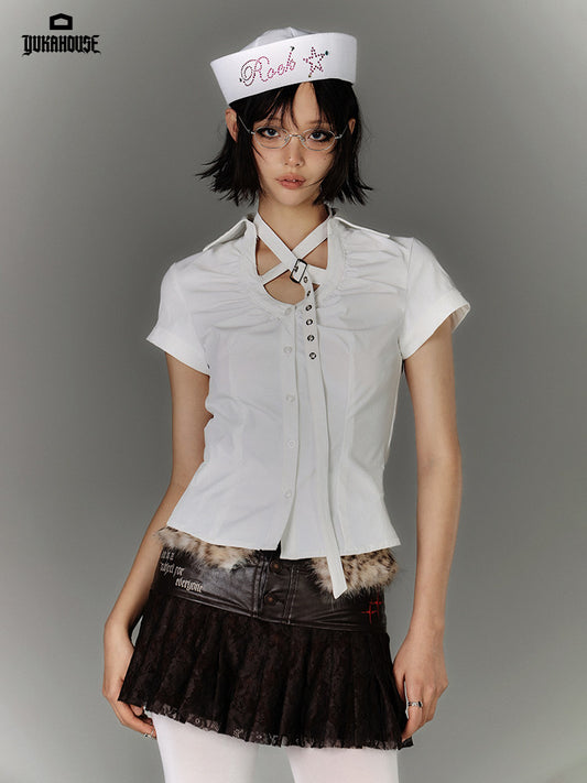 Button Strap Detail Fitted Short Sleeve Shirt NA9229