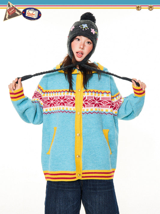 Contrast Pattern Hooded Knit Cardigan NA9340