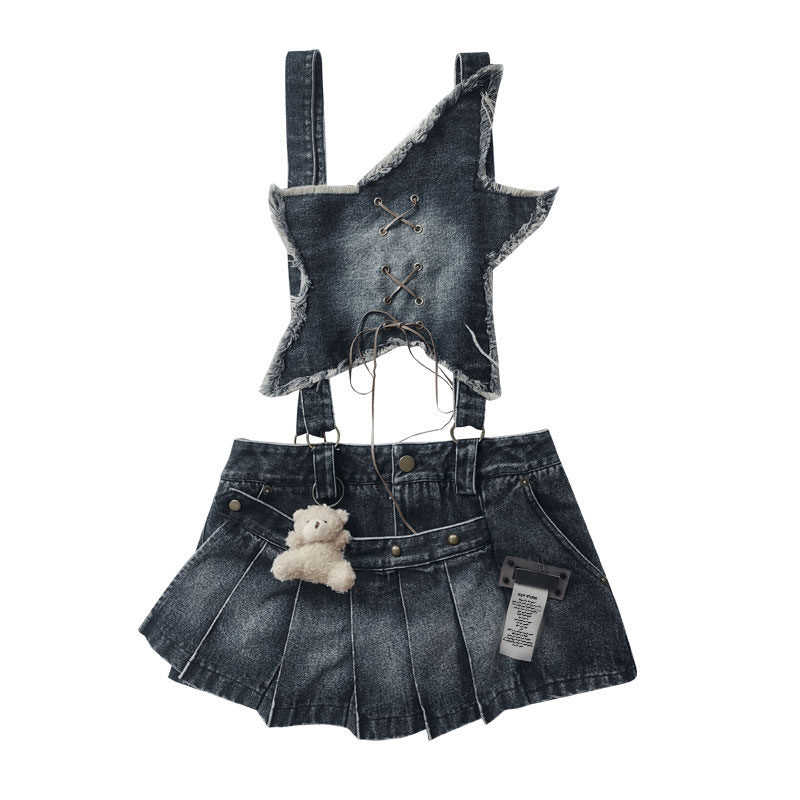 Detachable Washed Suspender Denim Short Skirt & Inner Shirts Set NA8554
