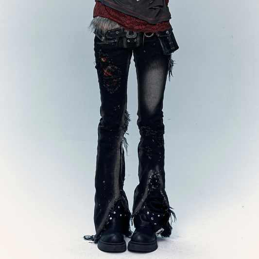 Plaid Patchwork Washed Flare Denim Jeans NA8962