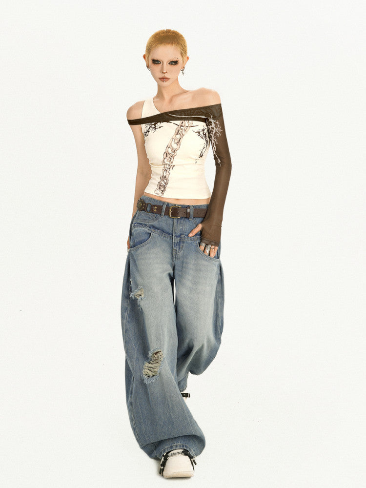 Damage Embroidery Wash Wide Leg Denim Jeans NA8586