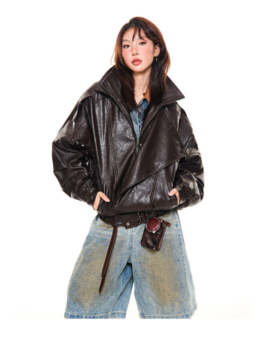 Asymmetrical Stand Collar PU Leather Jacket NA9417