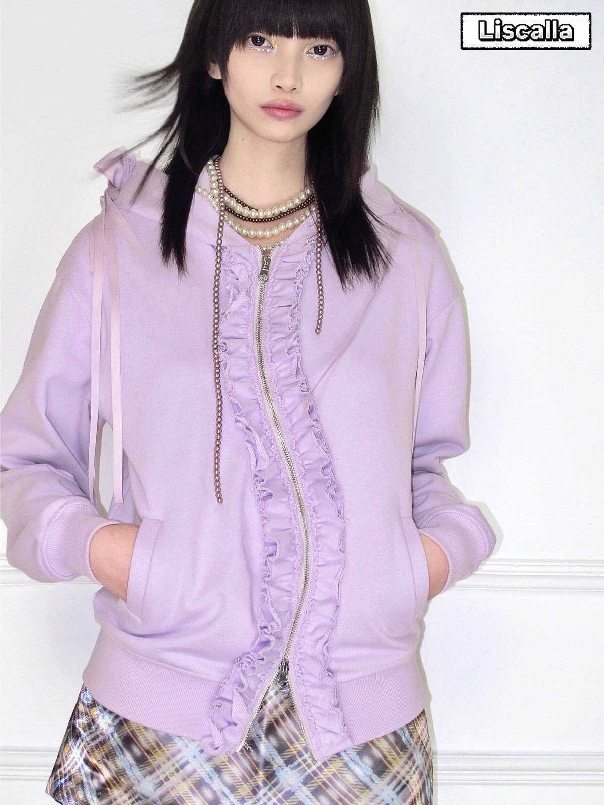 Textured Lace Bow Zipper Hoodie NA7158