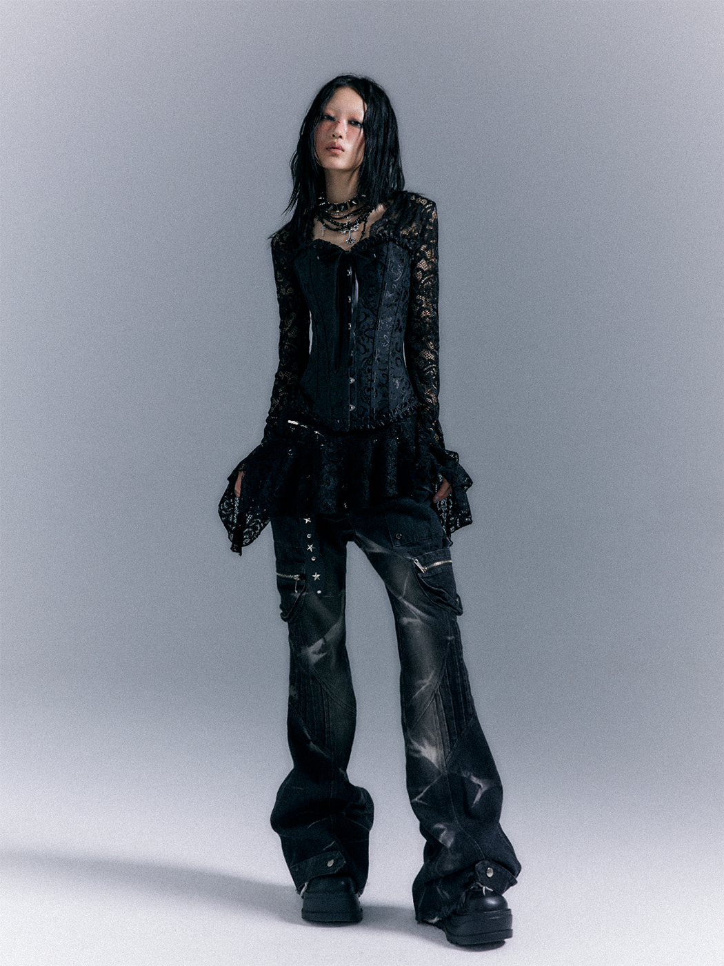 Lace-Up Corset Top & Lace Long Sleeve Dress Setup NA8187