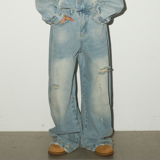 Ripped Damage Denim Jacket &Wide Leg Denim Jeans Setup NA9156