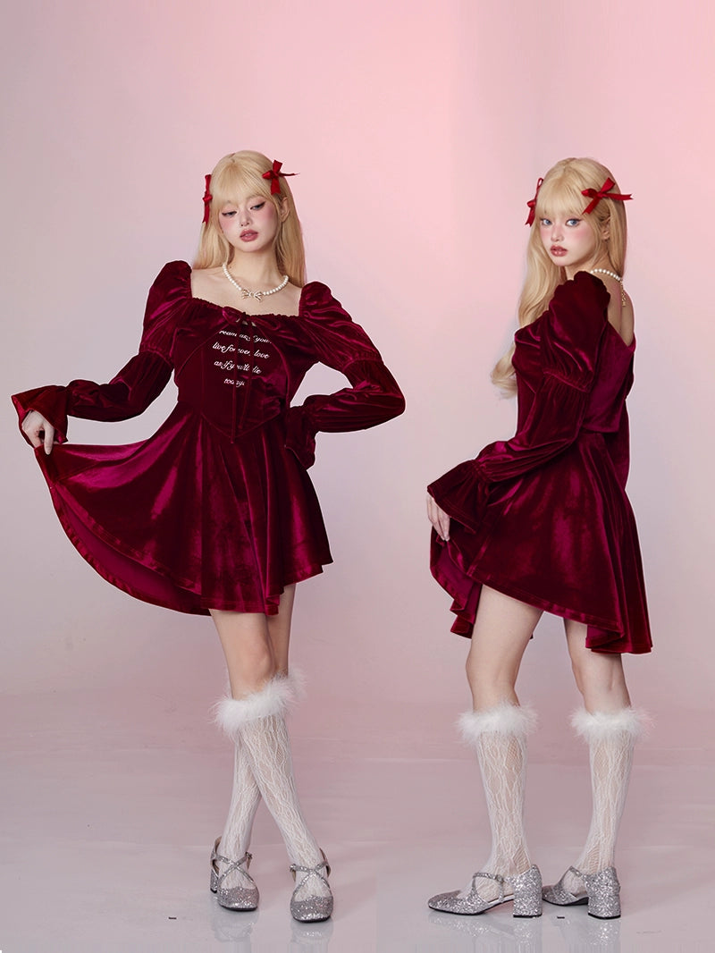 Velvet Waist-Cinched Long Sleeve Dress NA7280