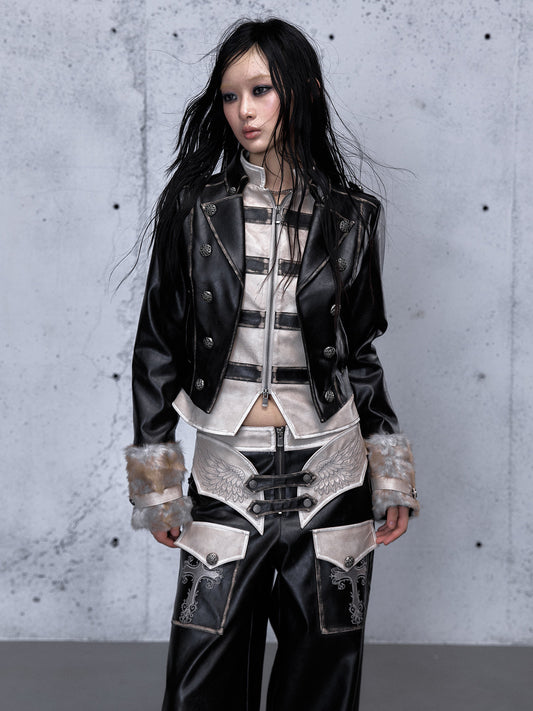 Standing-Collar Belt Detail Fake Fur Cuff PU Leather Jacket NA8980