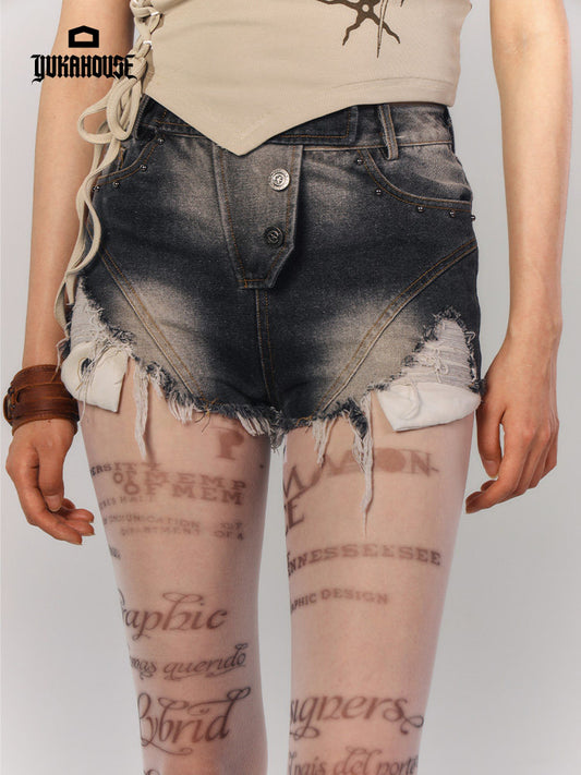 Washed Damage Fray Short Denim Jeans NA9217