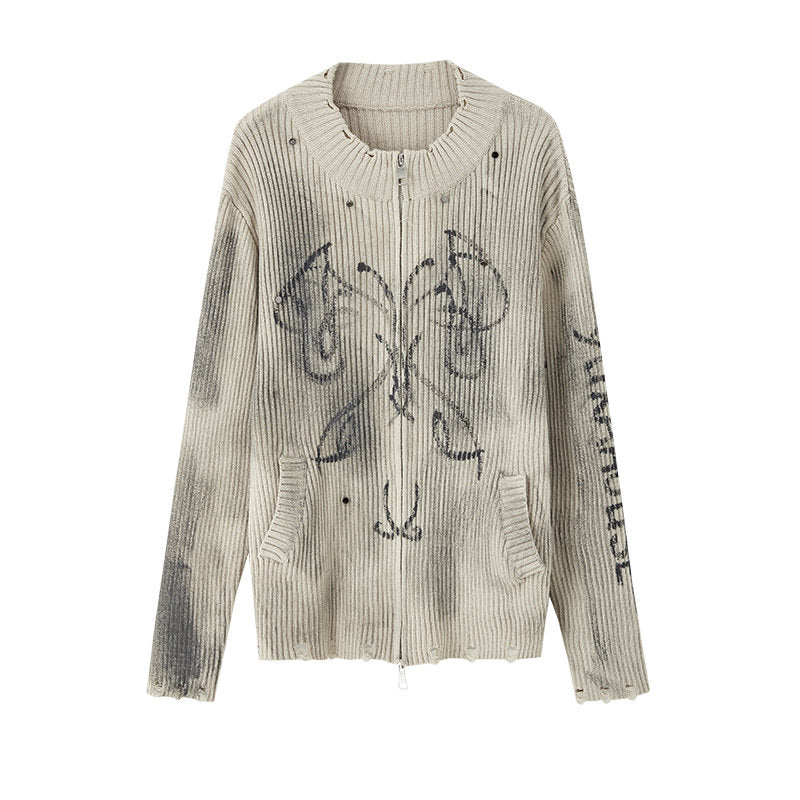 Washed Damage Graffiti Design Oversize Knit Cardigan NA8930