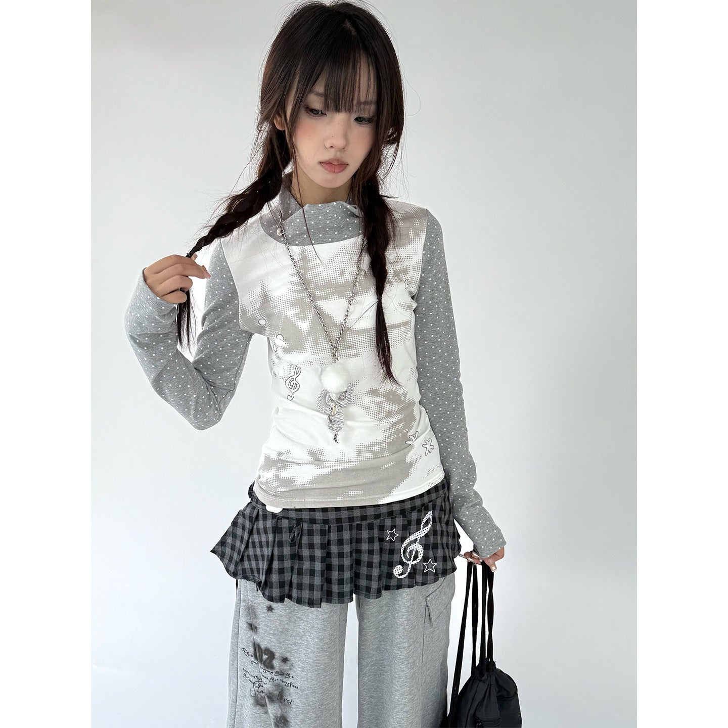 Polka Dot Print High-Neck Long Sleeve T-Shirt NA9249