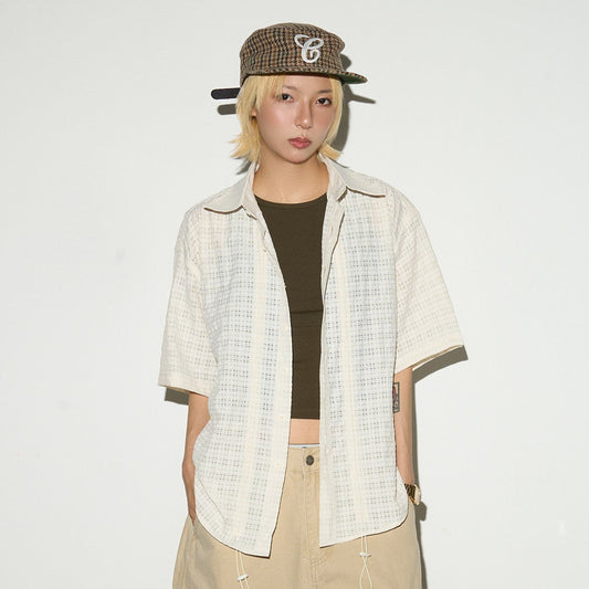 Ruffle Sheer Check Drawstring Hollow Short Sleeve Shirt NA9069