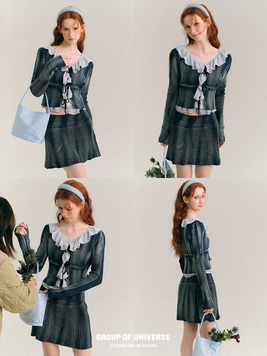 Frill Knit Cardigan & Short Rib Knit Skirt Setup NA5923