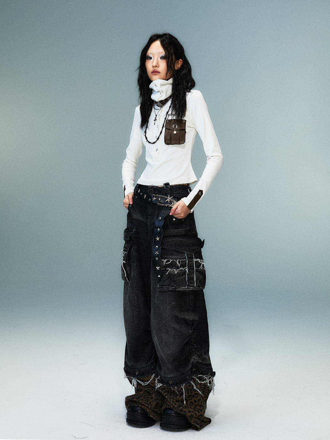 Washed Detachable Leopard Patchwork Wide-Leg Denim Jeans NA8170