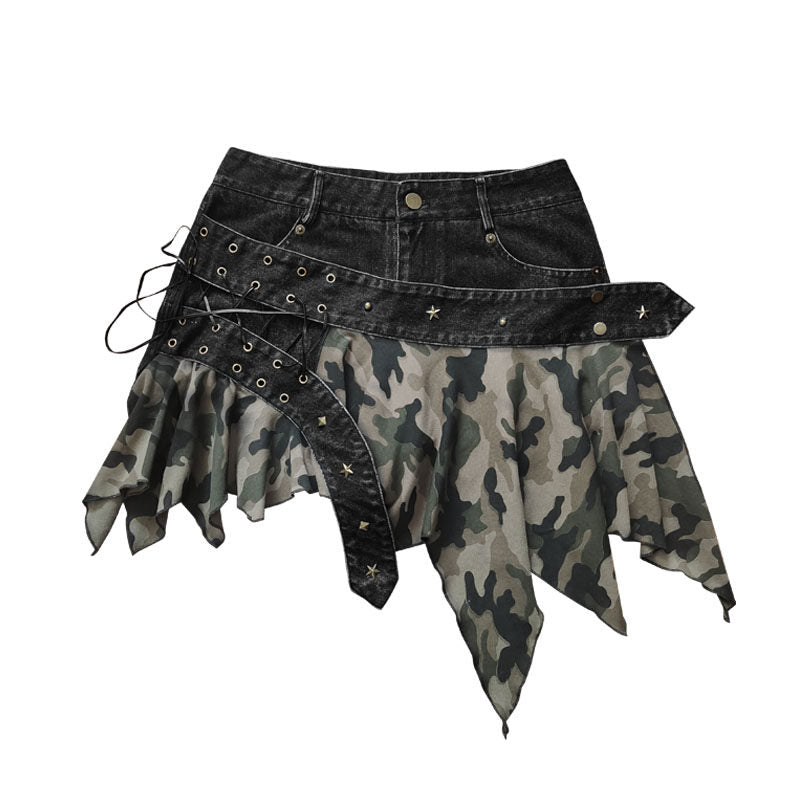 Original Design Damage Camouflage Lace-Up Short Denim Skirt NA8543