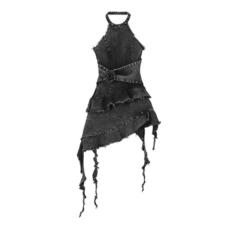 Asymmetrical Halter Denim Sleeveless Dress NA9216