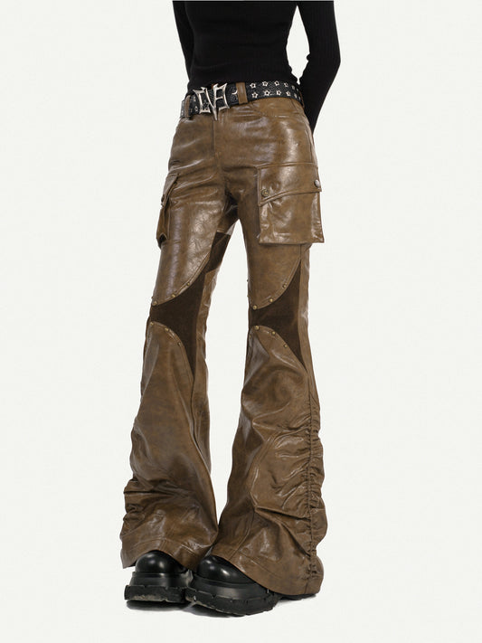 PU Leather Patchwork Fitted Flare Pants NA8581