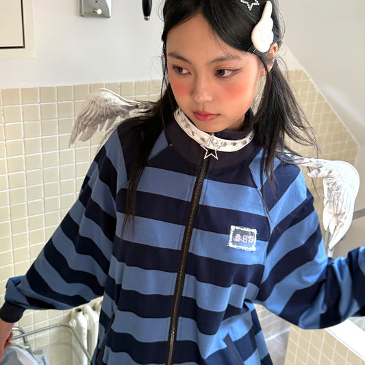 Striped Oversize Stand Collar Zipper Jacket NA9269